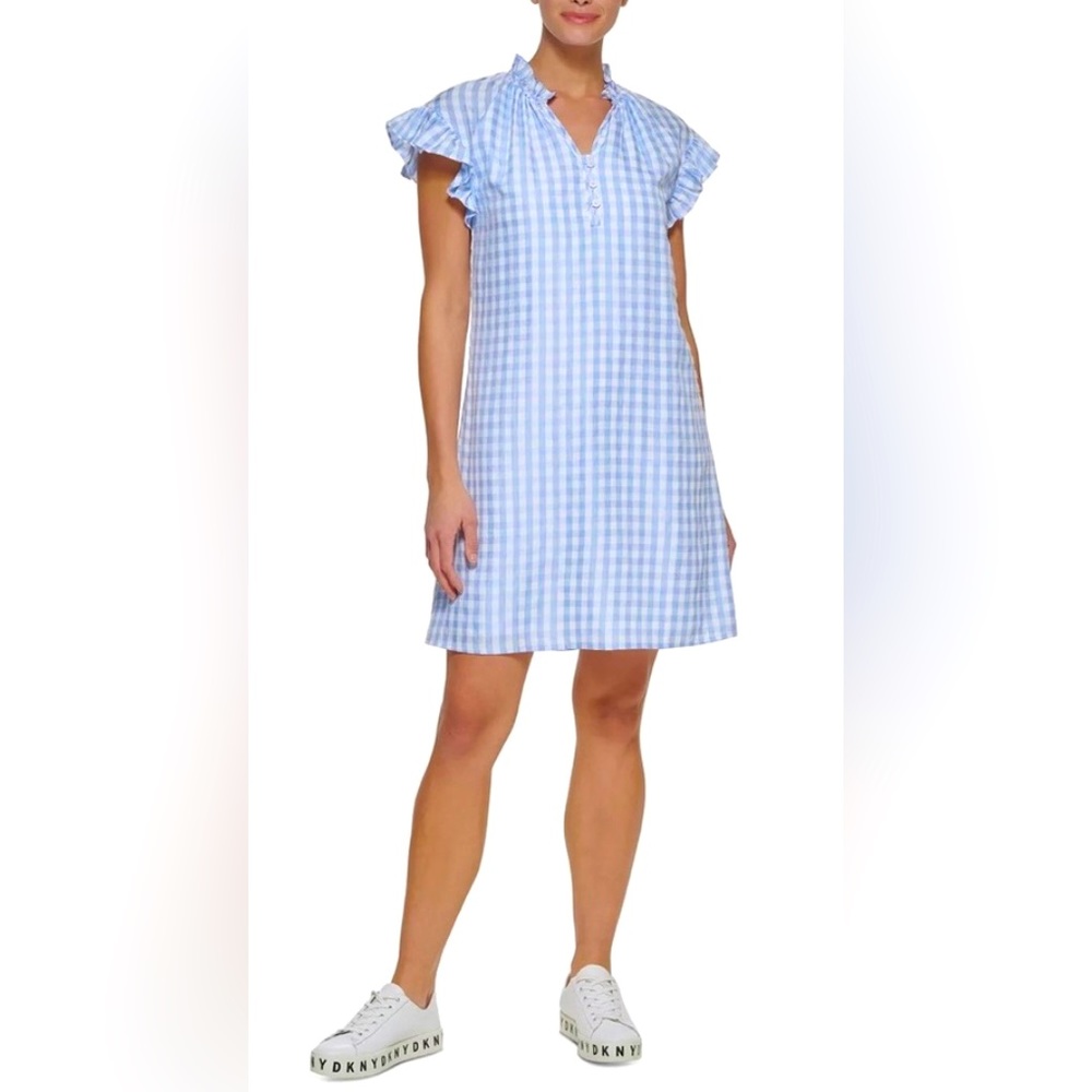 NWT DKNY Sky Blue/White Gingham Flutter Sleeve Mini Shift Dress ZB14(?)